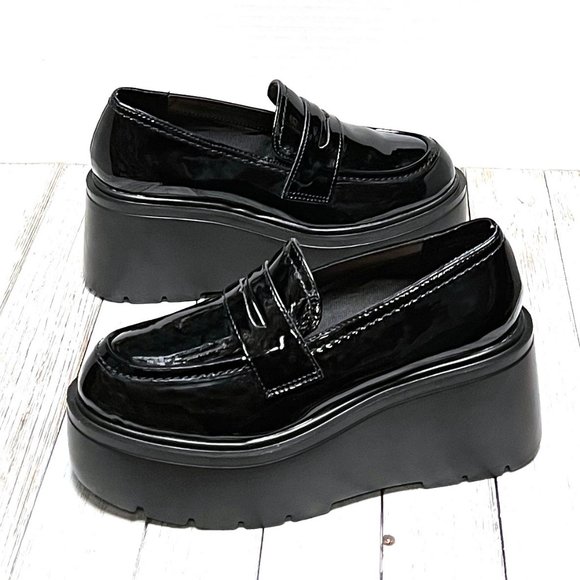 New Black Patent Platform Wedge Penny Loafers - Picture 2 of 4